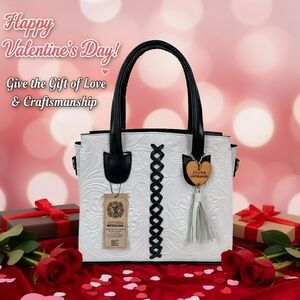 Floral White & Black Cross Stitch Embossed Tooled Artisan LEATHER Bag Purse Tote